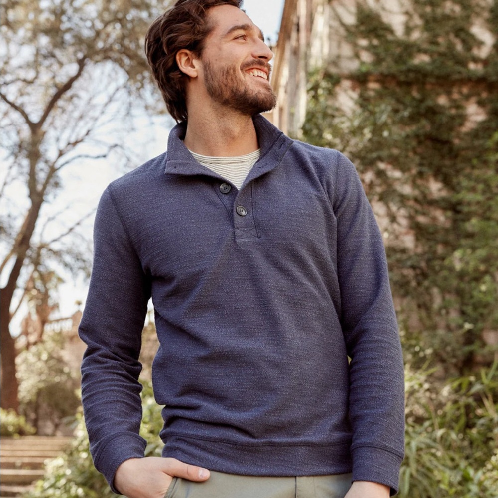 Marine Layer Clayton Pullover Small Blue Textured Henley Cotton Blend Top